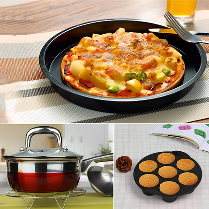 8-inch air fryer accessory set with cake barrel, pizza pan, silicone mat, and safety tools for multi-layer cooking