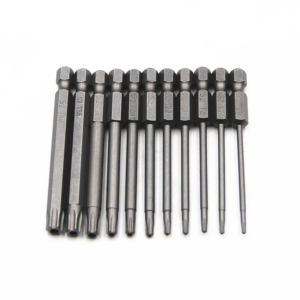 Hexagon handle screwdriver bit set showing 50mm, 75mm, and 100mm length options with alloy construction
