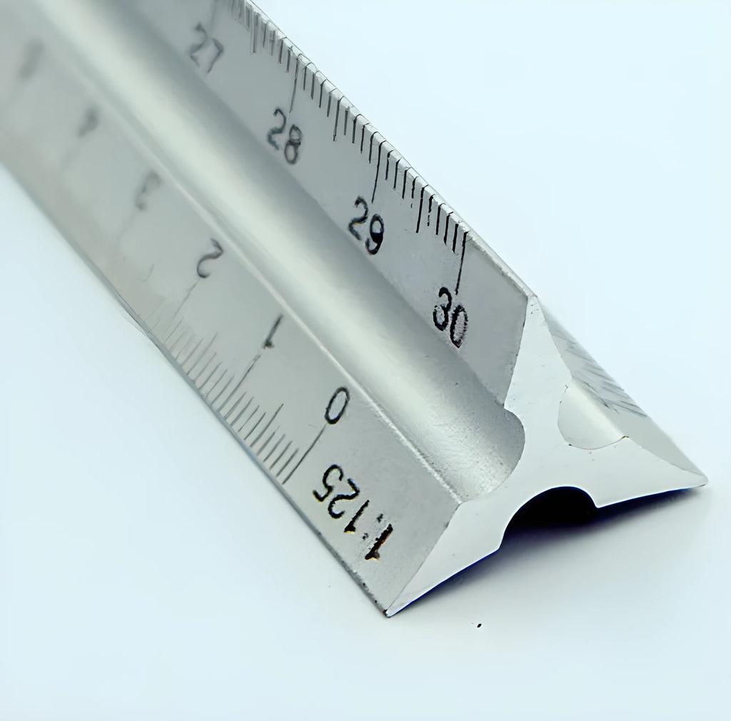30cm silver metal architect technical triangle ruler on white background