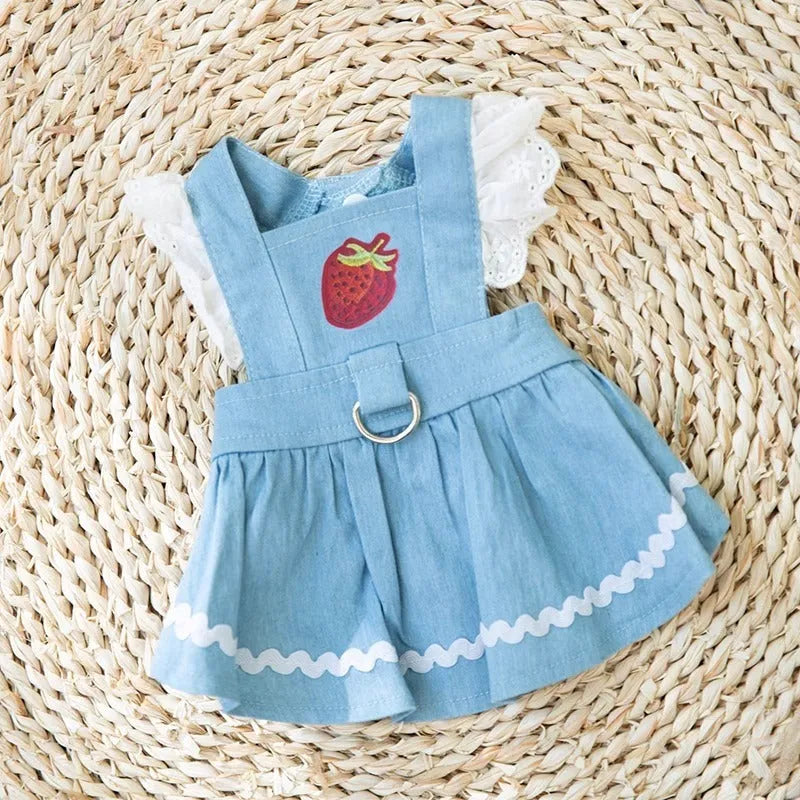 Strawberry print denim dog skirt with traction patches in Bondi Blue colour