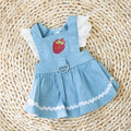 Strawberry print denim dog skirt with traction patches in Bondi Blue colour