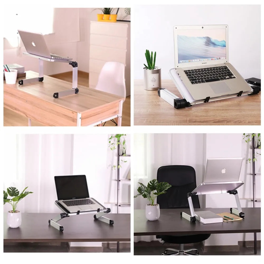Foldable laptop stand with 360-degree adjustable angle in black, supporting a laptop on a desk