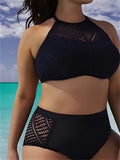 Large split bikini polyester fibre black plus size women swimsuit S to 7XL