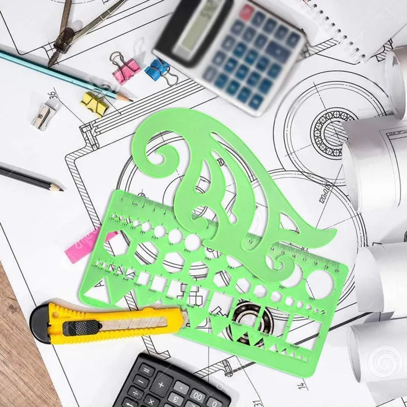 Clear green plastic geometric drawing templates set with 11 pieces and poly zipper envelope