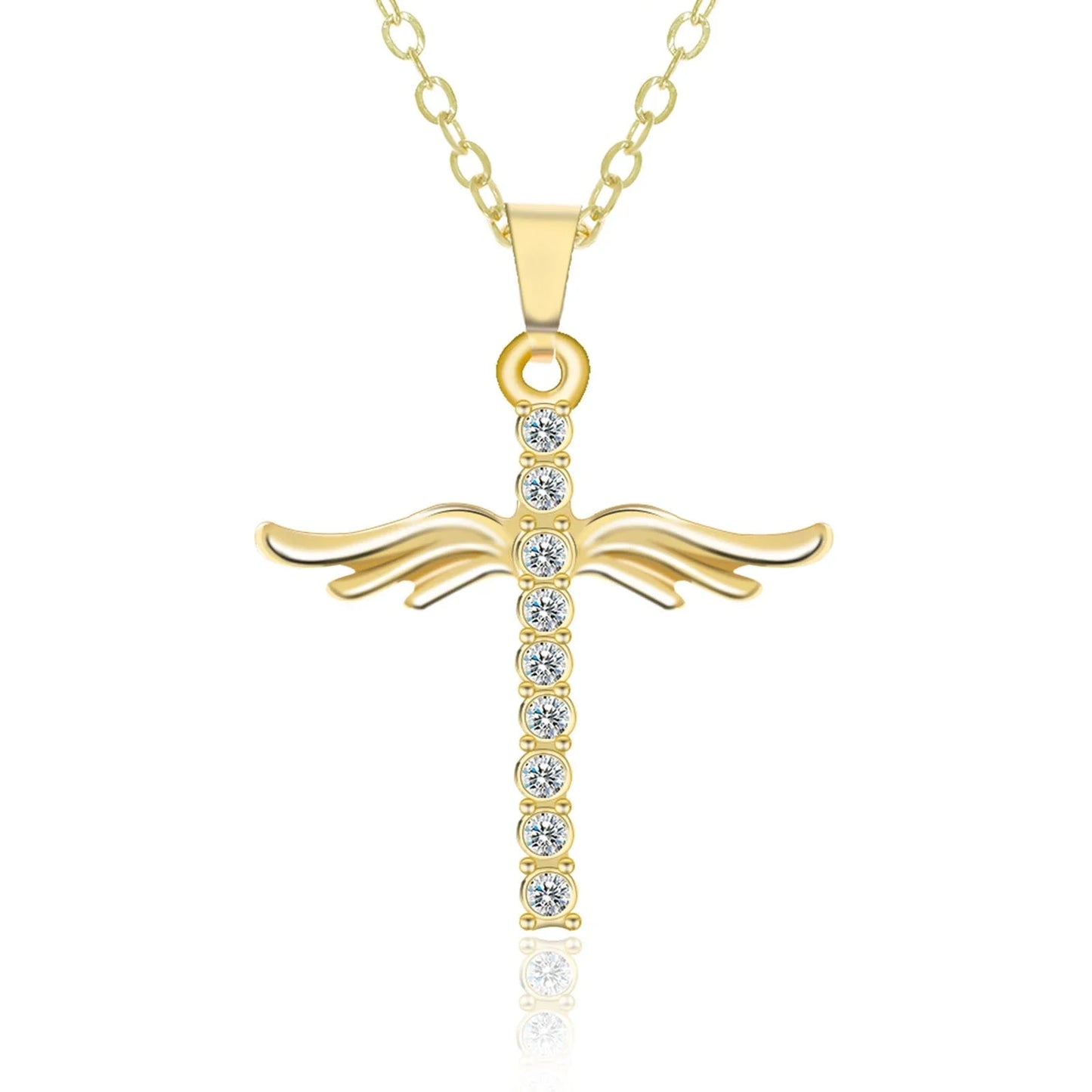Angel Wings Cross Pendant Necklace with adjustable O-type stainless steel chain in silver and gold