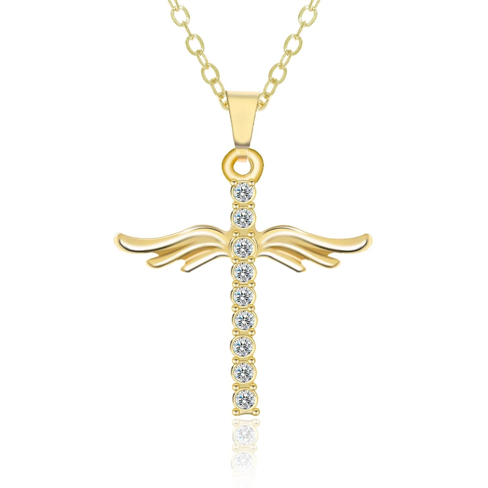 Elegant angel wings cross pendant necklace with adjustable snake-bone chain in gold and silver finishes