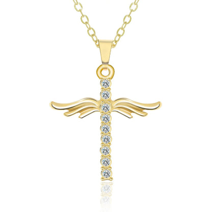 Elegant angel wings cross pendant necklace with adjustable snake-bone chain in gold and silver finishes