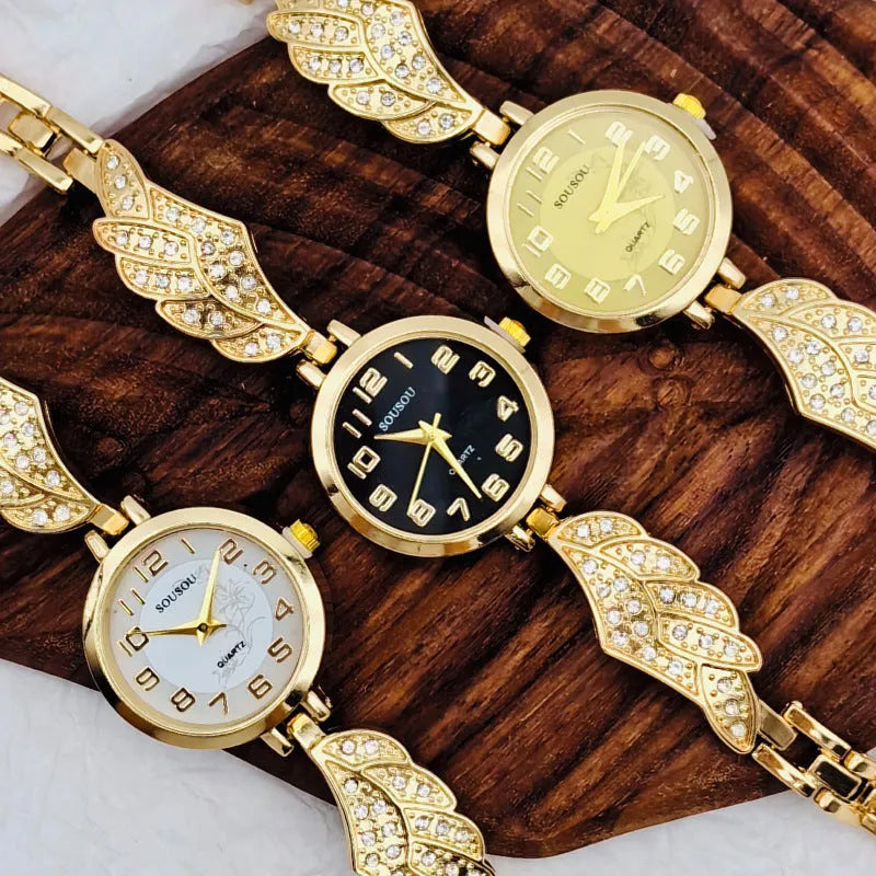 Stainless steel women's watch with round dial on a metal strap with Vachette clasp, shown in gold colour.