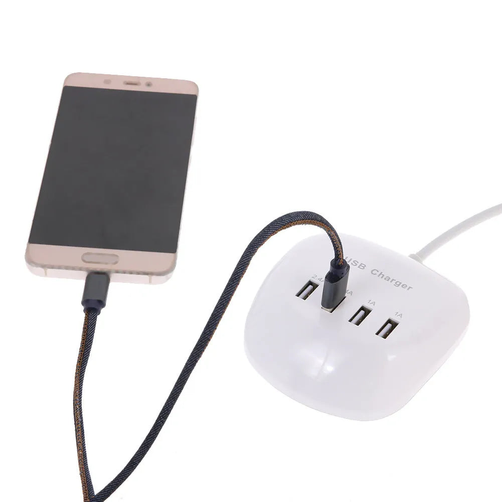 A white USB wall charger with either a two-pin EU plug or a two-pin US plug, showing the USB output port.