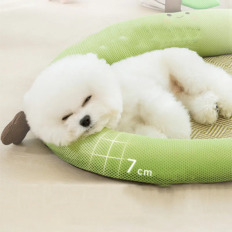 Green fruit backrest pet cooling mat nest bed for large dogs on a wooden floor.
