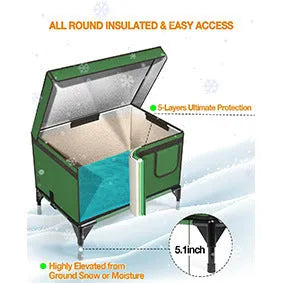 Green foldable cloth cat cage shown in an outdoor setting, available in S, M, and L sizes.
