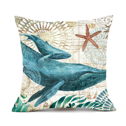 Decorative throw pillow covers featuring various marine-inspired designs like sea turtles, whales, octopus, and more on a linen background