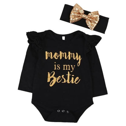 English letter print baby one-piece and matching head scarf in hip-hop style