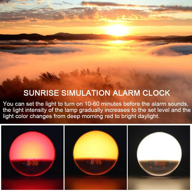 Sunrise alarm clock with gradual lighting, nature sounds, and colour customization