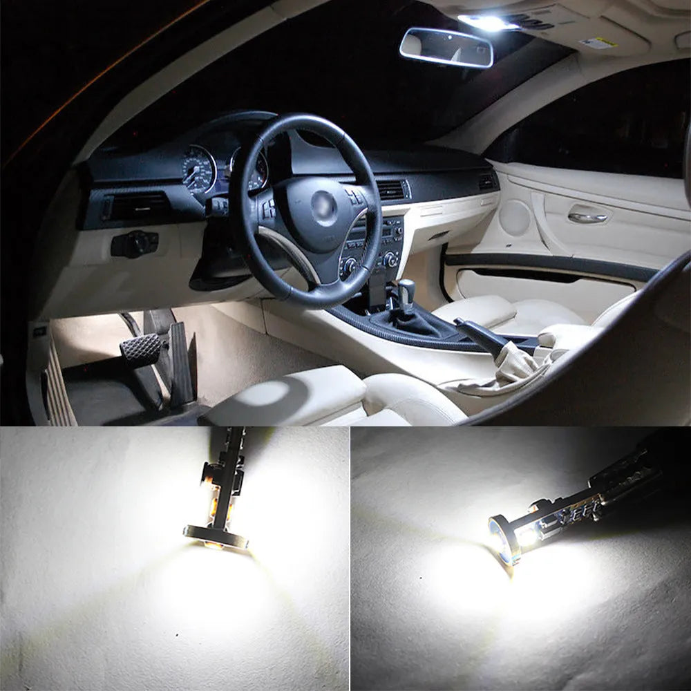 Single T10 W5W LED car interior light bulb with bright white LEDs on a dark board.