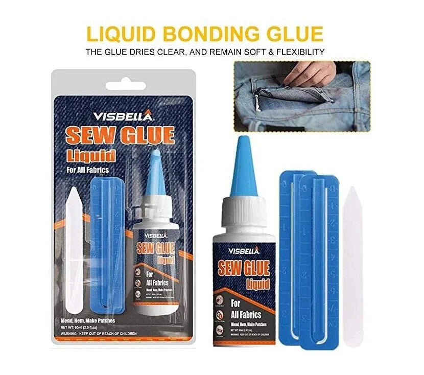 Clothing repair glue kit with two bottles of glue, two fixing clips, and one pen for easy fabric repairs
