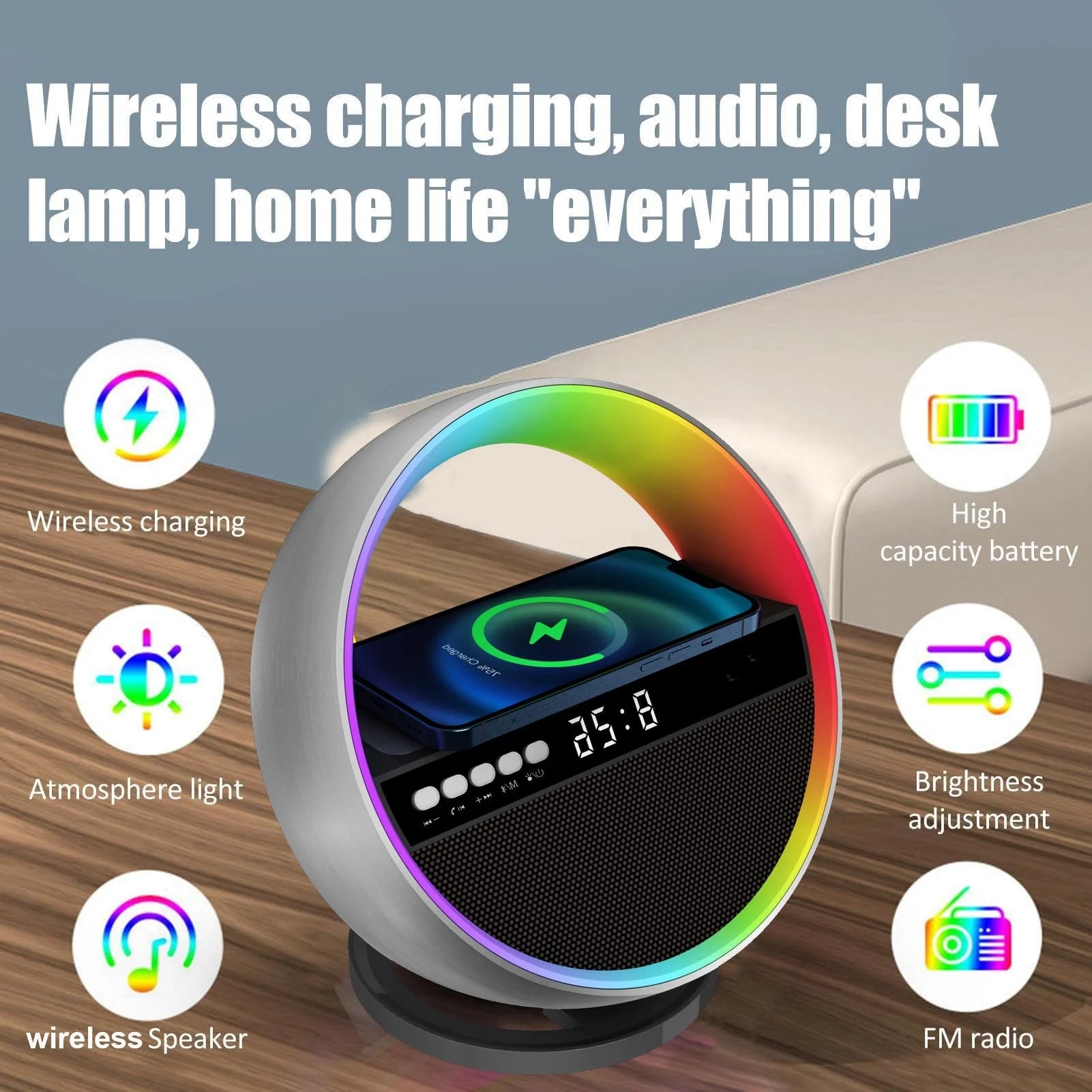 2024 Multifunction RGB Night Light with Wireless Charger and Bluetooth Speaker in white