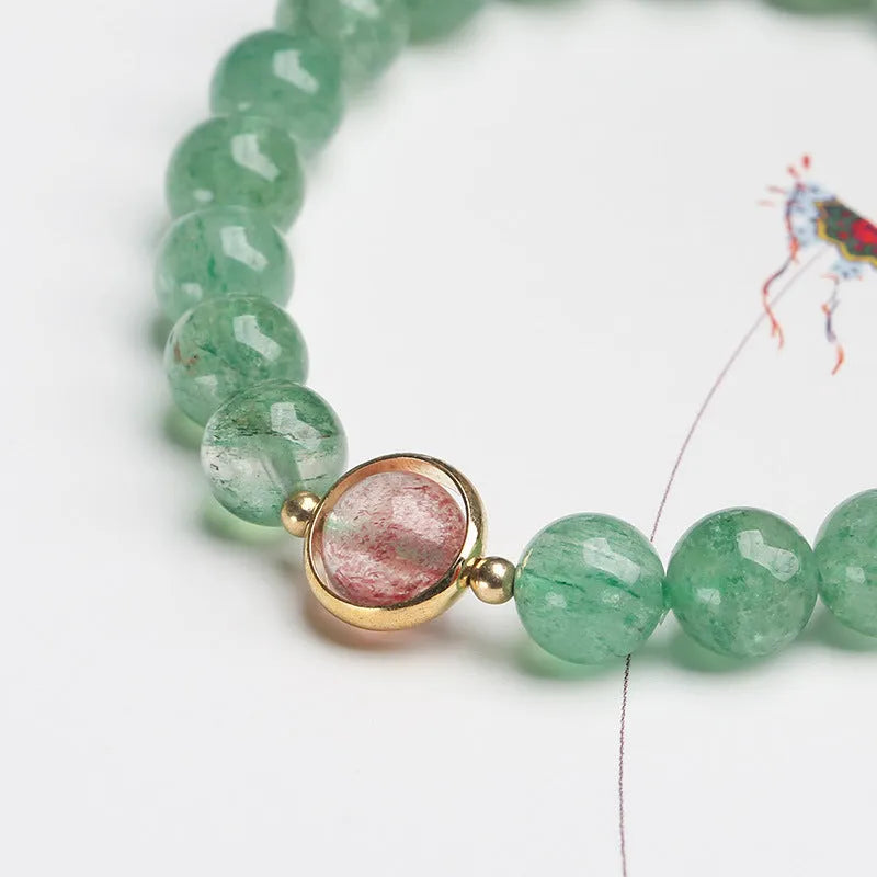 Green strawberry quartz hand-woven bracelet with 7.5mm beads and Chinese auspicious patterns