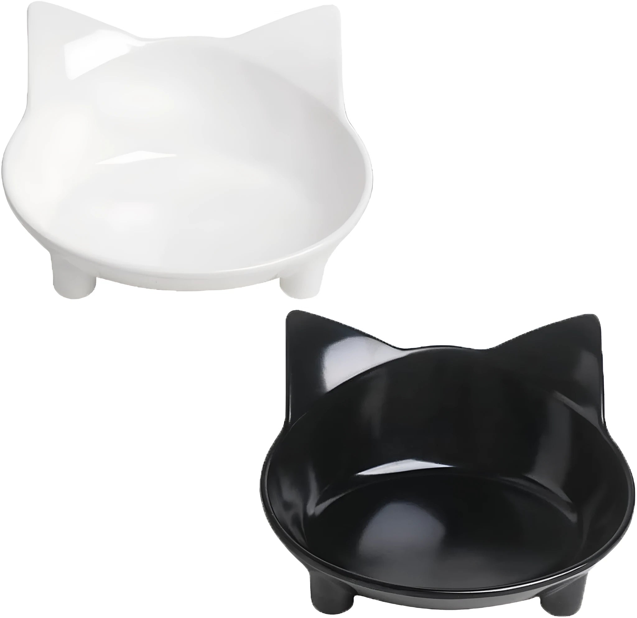Black shallow cat food bowl with non-slip rubber base on kitchen floor