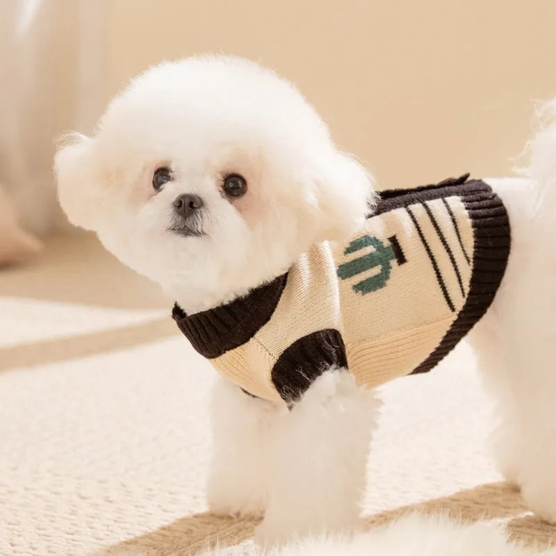 Warm small dog sweater in white with cactus and monster pattern, knit cardigan for small medium dogs