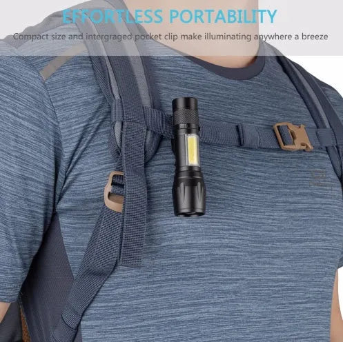 Black aluminium alloy mini telescopic LED flashlight with pocket clip, shown extended and retracted.