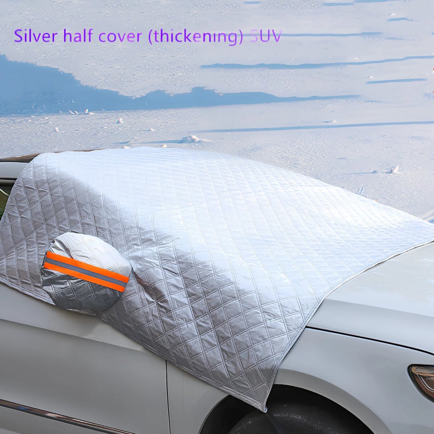 Silver magnetic windshield cover showing aluminium foil coating and edge magnets for vehicle protection