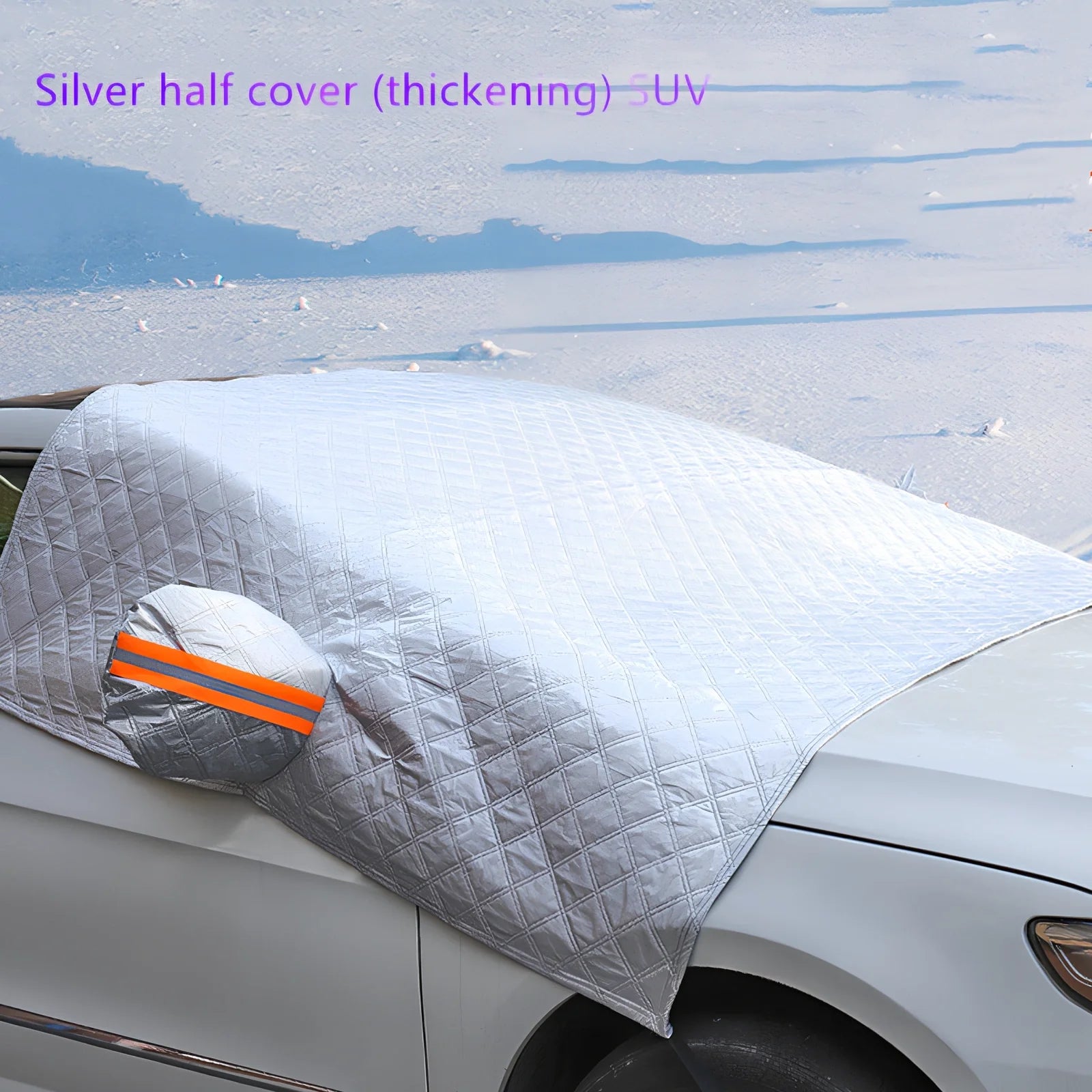 Silver magnetic windshield cover showing aluminium foil coating and edge magnets for vehicle protection