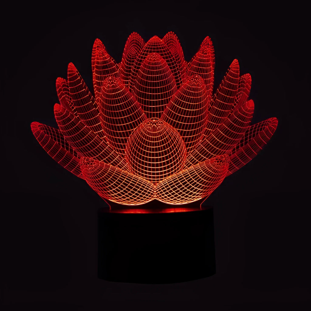 White acrylic lotus-shaped LED night light with touch control on a wooden surface