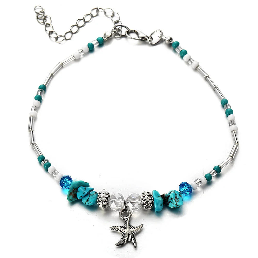 Green and blue star fish anklet for women, beach foot jewelry