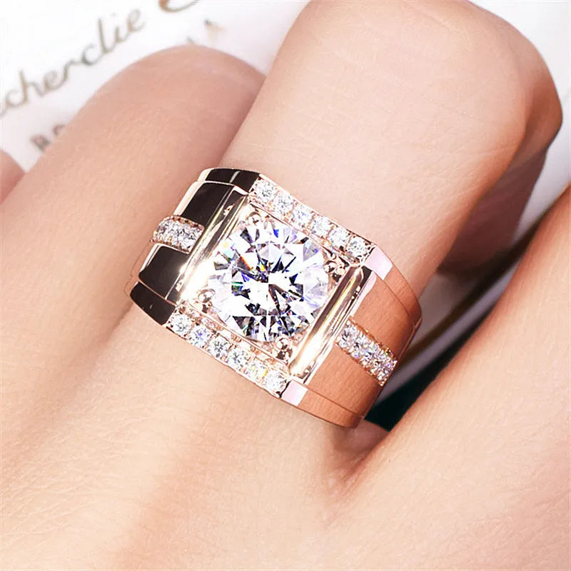 Men's geometric diamond imitation moissanite ring with adjustable opening in electroplated finish