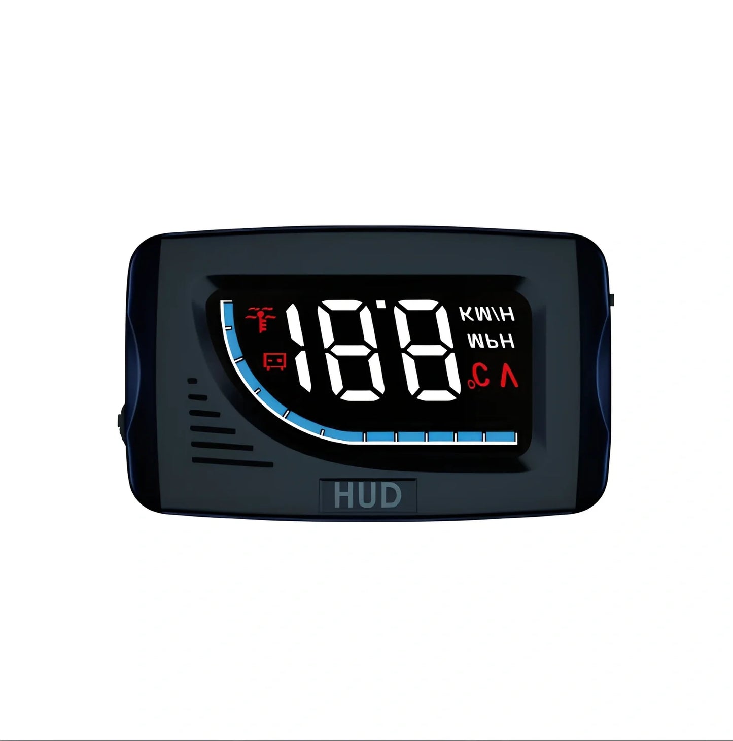 Black A101 OBD HUD display unit, 3-inch LED screen, 80mm x 50mm x 14mm size, showing speed projection