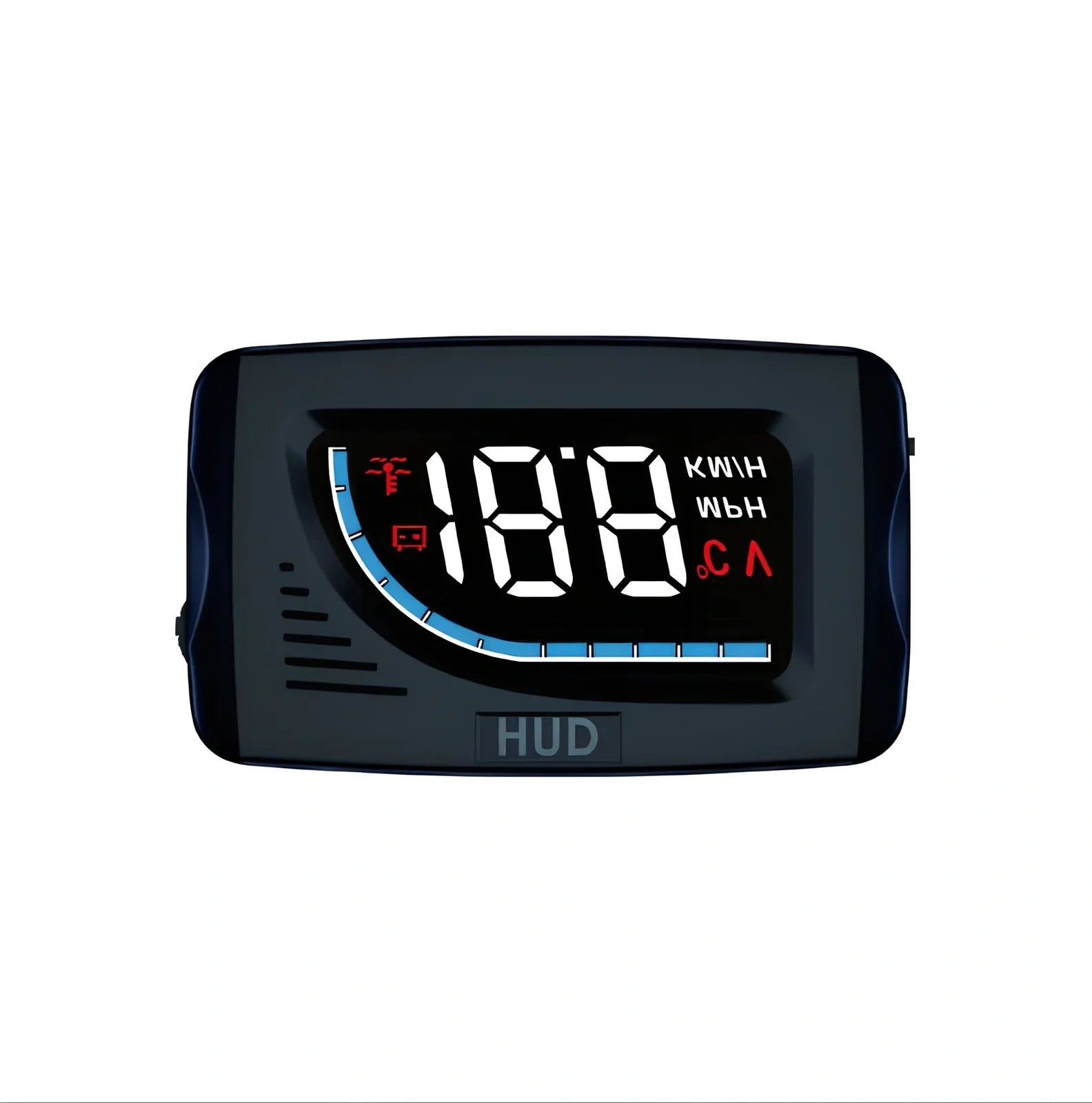 Black A101 OBD HUD display unit, 3-inch LED screen, 80mm x 50mm x 14mm size, showing speed projection
