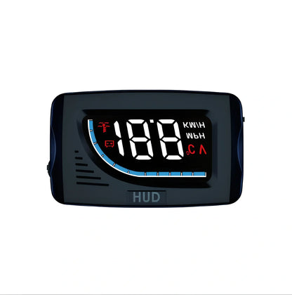 Black A101 OBD HUD display unit, 3-inch LED screen, 80mm x 50mm x 14mm size, showing speed projection