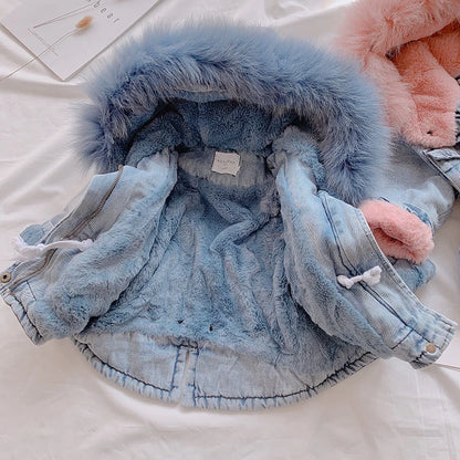 Girl denim coat in blue and pink with plus velvet lining and attached hat