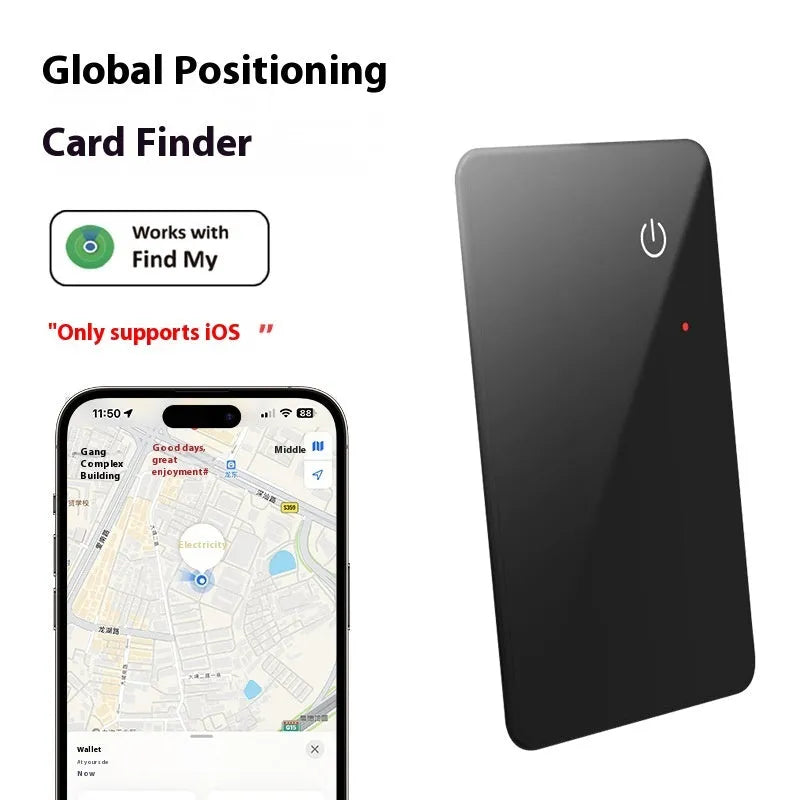 Black wireless charging pet tracker card measuring 85mm by 54mm with NFC feature and hanging hole