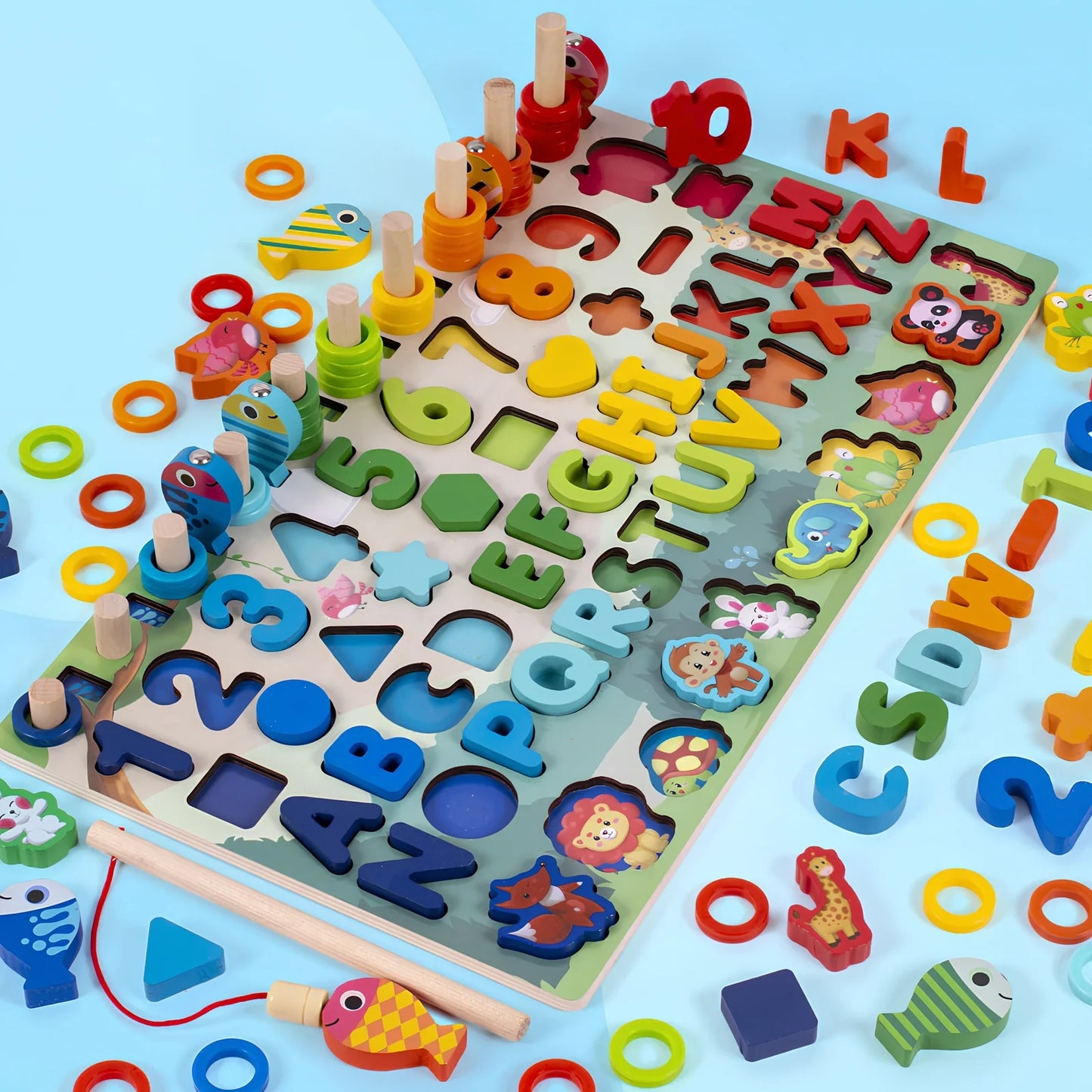 Wooden 3D alphabet number puzzle board 42x16x8 cm with geometric letter and number pieces in ocean blue theme