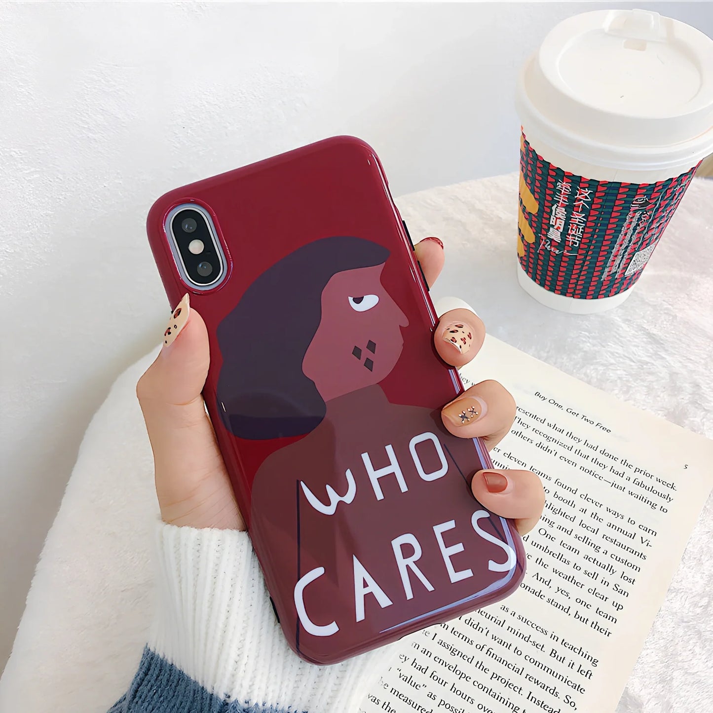 Wine red silicone iPhone case with Japanese-Korean brown girl illustration design and protective edges
