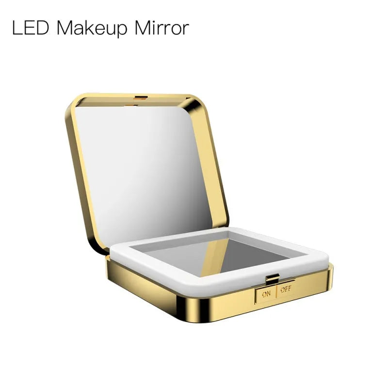 Black and white makeup mirror showing a magnifying side and a normal mirror with LED light ring.