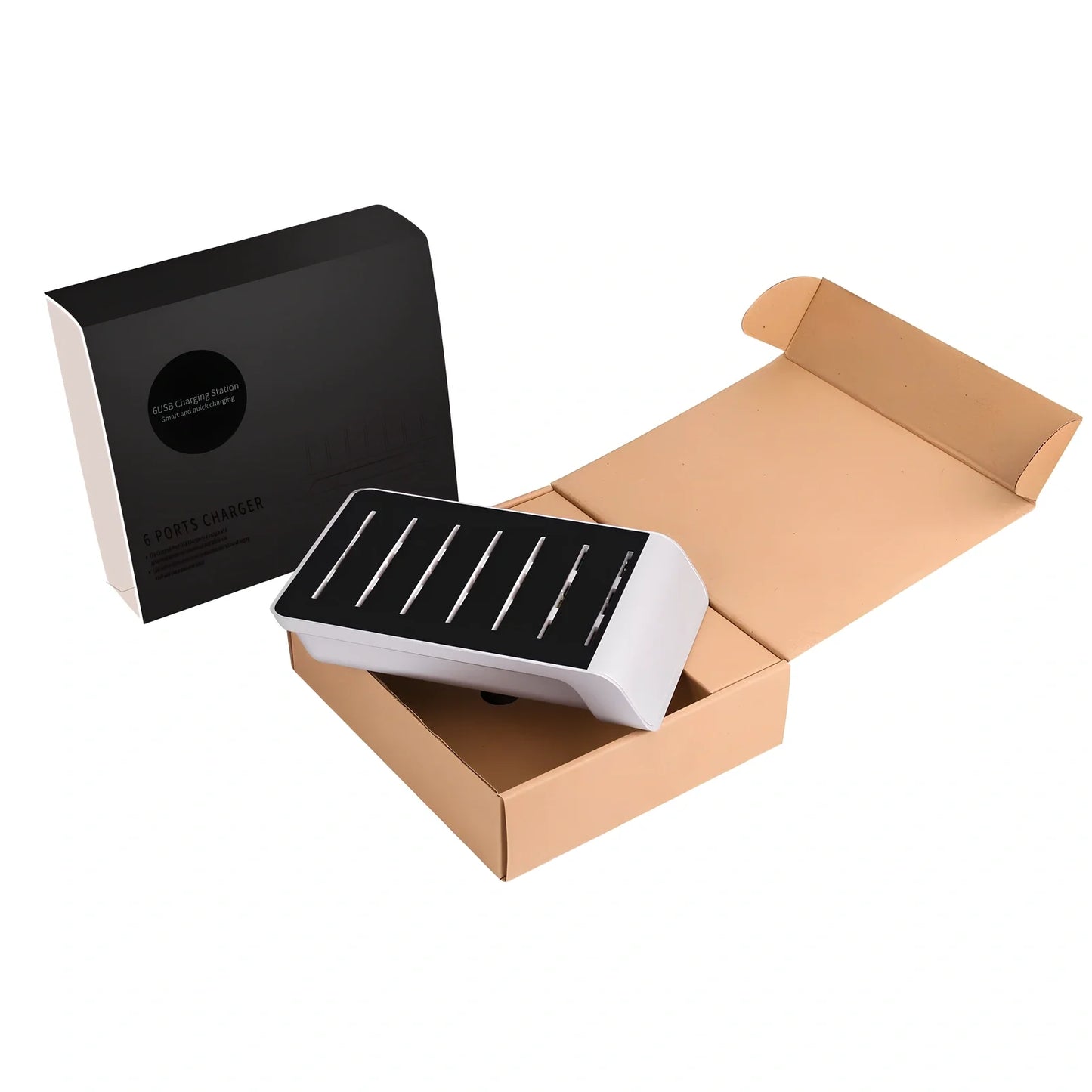 Six-port USB mobile phone charging stand with black finish showing six device slots and 150cm power cord