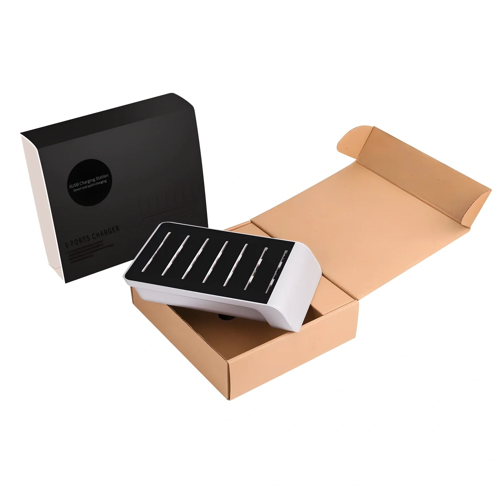 Six-port USB mobile phone charging stand with black finish showing six device slots and 150cm power cord