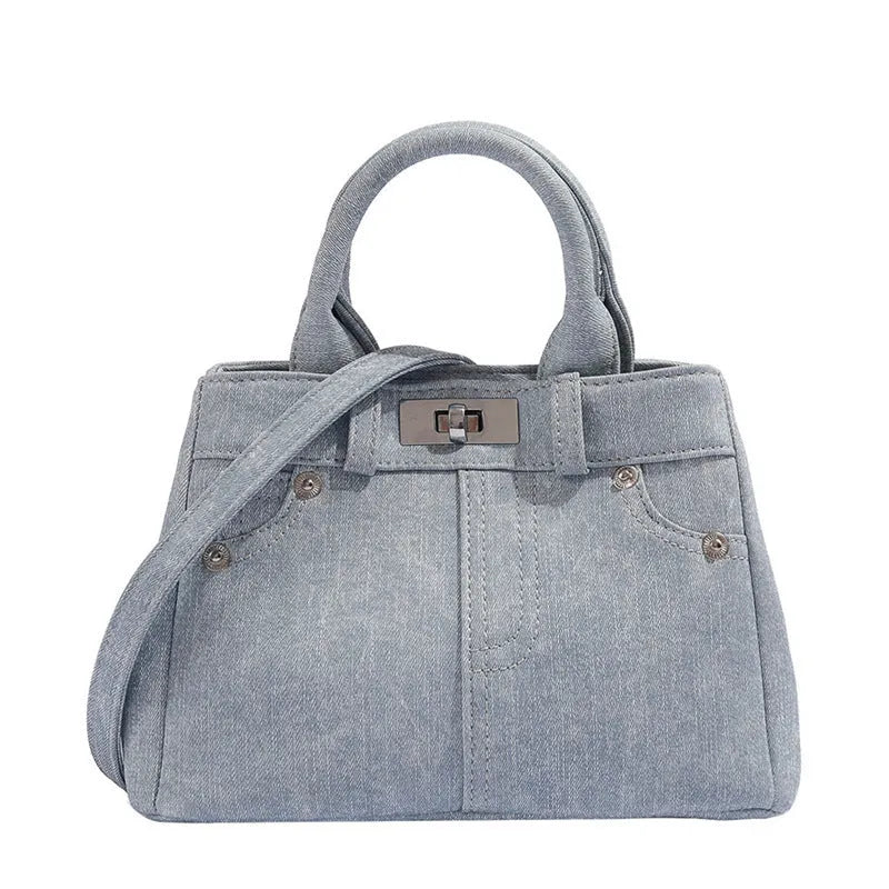 Women's soft PU shoulder handbag in denim blue and white colour options