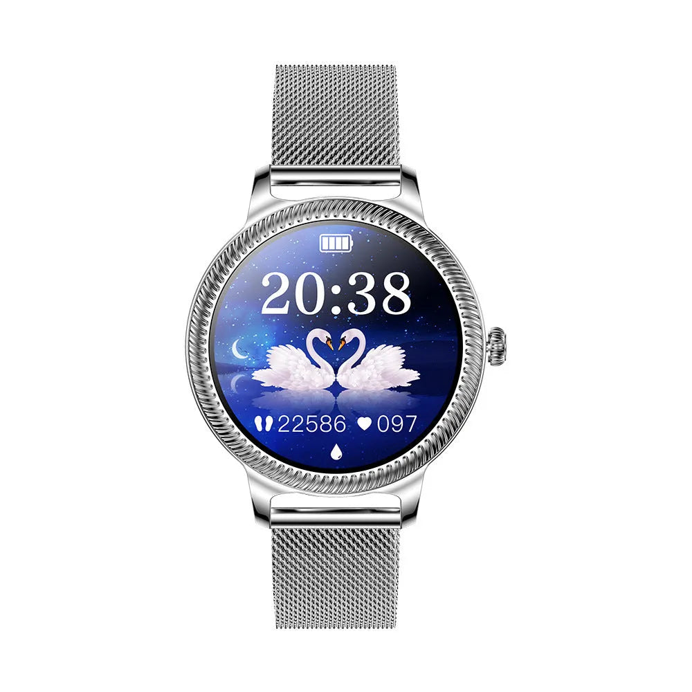 AK38 ladies smart watch with stainless steel band on wrist, showing colour screen.