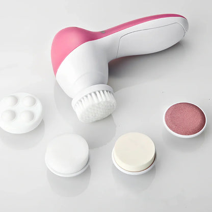 Pink electric facial cleanser device 130mm long with 5 attachments for pore cleaning and blackhead removal, battery operated