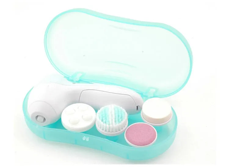 Electric facial cleanser brush with 5 attachments in pink, compact size, on white background