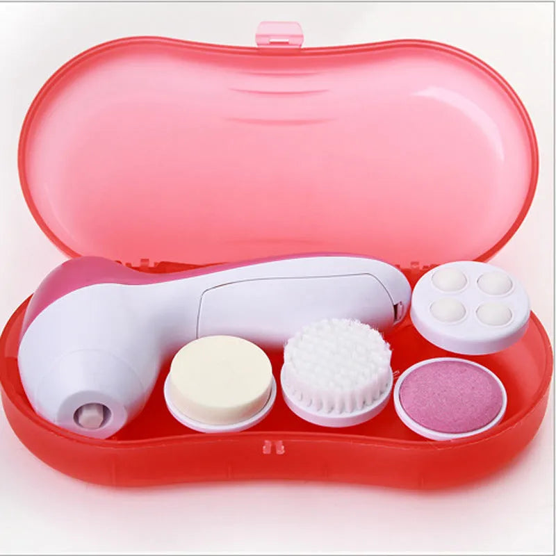 Electric facial cleanser brush with 5 attachments in pink, compact size, on white background
