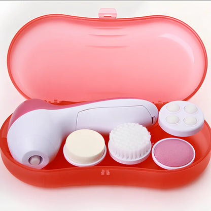 Pink electric facial cleanser device 130mm long with 5 attachments for pore cleaning and blackhead removal, battery operated