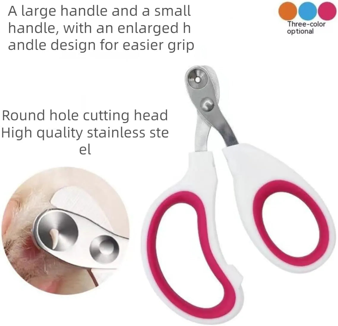 Blue pet nail clipper with circular cut hole and cushioned non-slip handle