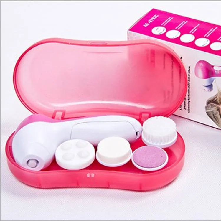Electric facial cleanser brush with 5 attachments in pink, compact size, on white background