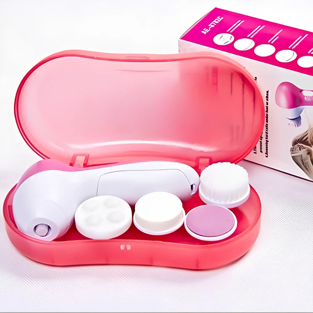 Pink electric facial cleanser device 130mm long with 5 attachments for pore cleaning and blackhead removal, battery operated