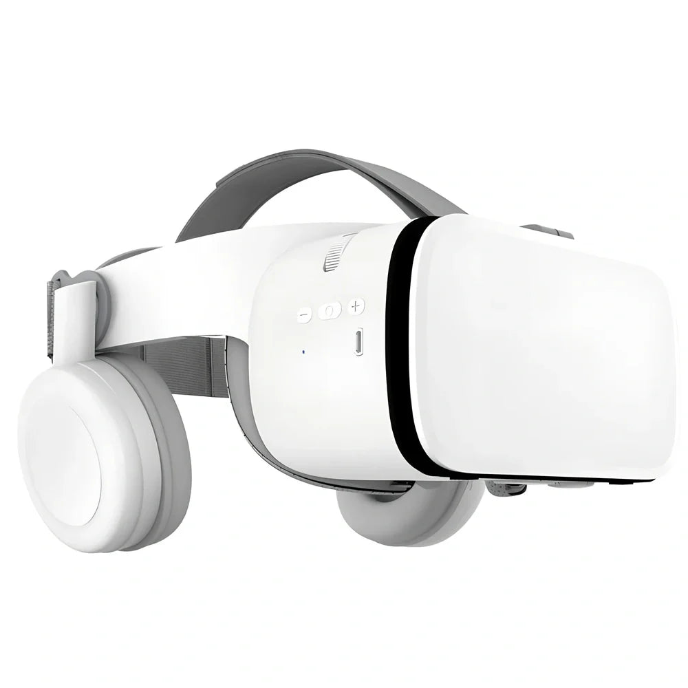 White BOBO Z6 VR Bluetooth headset with resin frame, adjustable straps, and optional controller for 3D smartphone viewing